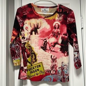 Erin London western collage 3/4 sleeve mesh top